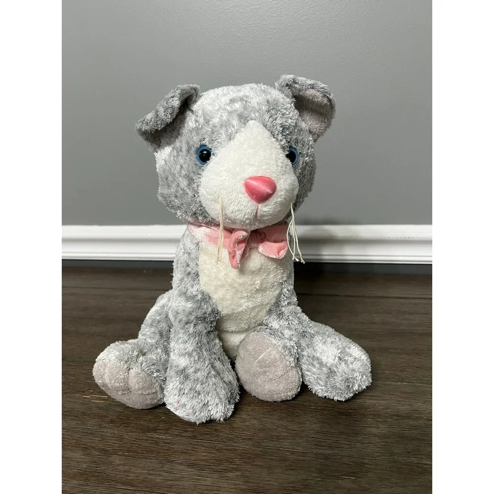 Living Playful Gray Tabby Cat Kitten Pink Neck Ribbon Blue Eyes Plush 12